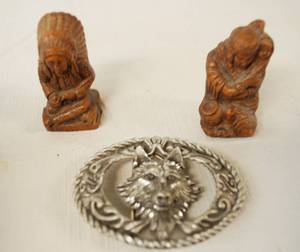 lot 4352 image: Lot of Native American Items - Belt Buckle and Wooden Salt and Pepper Shakers