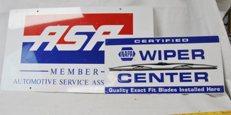 lot 3002 image: Lot of 2 Metal Automotive Signs - One is embossed - Great for your garage or shop decor See pics for measurements