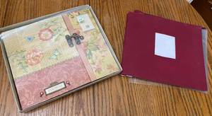 lot 2764 image: 2 Scrapbook Albums - Rare Gatefold style w metal latch - K &amp Company - HTF -w insert pages - Highly collectible - 12x12 page size and maroon fabric personalized 12 x 12