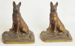 lot 2124 image: Set of German Shepherd BOOK ENDS - Very Heavy Metal - Brass Bronze MUST SEE