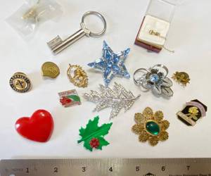 lot 3273 image: Lot of 14 Vintage Pins one Gold Gavel Pin - and a cool Avon Skeleton Key Ring Key