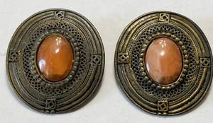 lot 3278 image: Beautiful Vintage Large Clip-On Earrings - Ornate Design with light orange center stones - NICE See pics