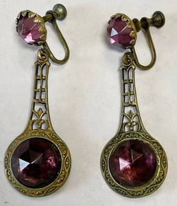 lot 3279 image: Gorgeous Vintage clip-on screww back style - Dangle Earrings - Pretty Purplish Stones - VERY ORNATE See pics for details