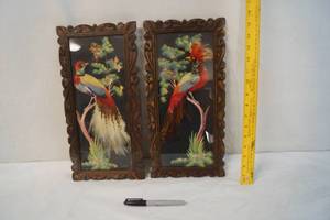 lot 2172 image: Lot of 2 Vintage Mexican Feather Art Pictures -Hand Painted Details in Background, Real Feathers, and Hand Carved Frames - ABSOLUTLEY STUNNING