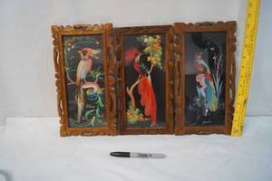 lot 2173 image: Lot of 3 Vintage Mexican Feather Art Pictures -Hand Painted Details in Background, Real Feathers, and Hand Carved Frames - ABSOLUTLEY STUNNING