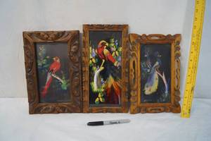 lot 2174 image: Lot of 3 Vintage Mexican Feather Art Pictures -Hand Painted Details in Background, Real Feathers, and Hand Carved Frames - ABSOLUTLEY STUNNING