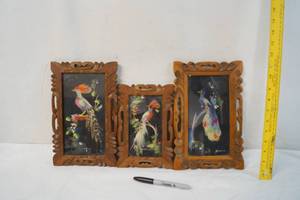 lot 2175 image: Lot of 3 Vintage Mexican Feather Art Pictures -Hand Painted Details in Background, Real Feathers, and Hand Carved Frames - ABSOLUTLEY STUNNING