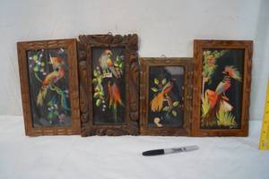 lot 2176 image: Lot of 4 Vintage Mexican Feather Art Pictures -Hand Painted Details in Background, Real Feathers, and Hand Carved Frames - ABSOLUTLEY STUNNING