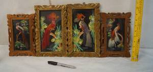 lot 2177 image: Lot of 4 Vintage Mexican Feather Art Pictures -Hand Painted Details in Background, Real Feathers, and Hand Carved Frames - ABSOLUTLEY STUNNING
