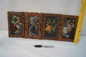 lot 2178 image: Lot of 4 Vintage Mexican Feather Art Pictures -Hand Painted Details in Background, Real Feathers, and Hand Carved Frames - ABSOLUTLEY STUNNING