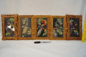lot 2179 image: Lot of 5 Vintage Mexican Feather Art Pictures -Hand Painted Details in Background, Real Feathers, and Hand Carved Frames - ABSOLUTLEY STUNNING