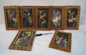 lot 2180 image: Lot of 7 Vintage Mexican Feather Art Pictures -Hand Painted Details in Background, Real Feathers, and Hand Carved Frames - ABSOLUTLEY STUNNING