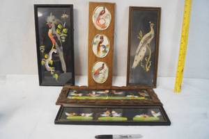 lot 2181 image: Lot of 5 Vintage Mexican Feather Art Pictures -Hand Painted Details in Background, Real Feathers, and Hand Carved Frames - ABSOLUTLEY STUNNING