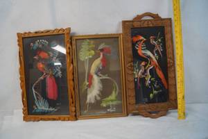 lot 2182 image: Lot of 3 Vintage Mexican Feather Art Pictures -Hand Painted Details in Background, Real Feathers, and Hand Carved Frames - ABSOLUTLEY STUNNING