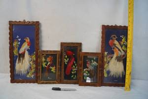 lot 2185 image: Lot of 5 Vintage Mexican Feather Art Pictures -Hand Painted Details in Background, Real Feathers, and Hand Carved Frames - ABSOLUTLEY STUNNING