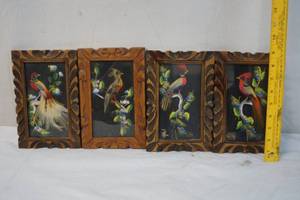 lot 2186 image: Lot of 4 Vintage Mexican Feather Art Pictures -Hand Painted Details in Background, Real Feathers, and Hand Carved Frames - ABSOLUTLEY STUNNING