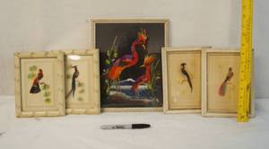 lot 2187 image: Lot of 5 Vintage Mexican Feather Art Pictures -Hand Painted Details in Background, Real Feathers, and Hand Carved Frames - ABSOLUTLEY STUNNING
