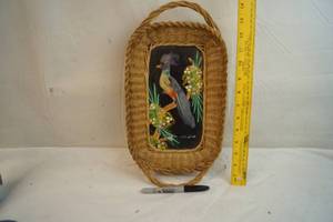 lot 2191 image: Vintage Wicker Framed  Decorative Wall Tray - Made with Real Feathers