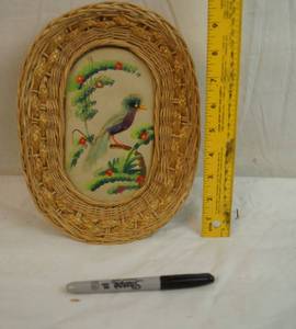 lot 2193 image: Vintage Wicker Framed  Decorative Wall Tray - Made with Real Feathers