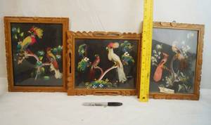 lot 2195 image: Lot of 3 Vintage Mexican Feather Art Pictures -Hand Painted Details in Background, Real Feathers, and Hand Carved Frames - ABSOLUTLEY STUNNING