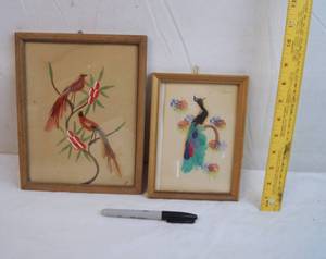 lot 2196 image: Lot of 2 Vintage Mexican Feather Art Pictures -Hand Painted Details in Background, Real Feathers, and Hand Carved Frames - ABSOLUTLEY STUNNING