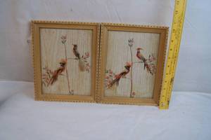 lot 2197 image: Lot of 2 Vintage Mexican Feather Art Pictures -Hand Painted Details in Background, Real Feathers, and Hand Carved Frames - ABSOLUTLEY STUNNING