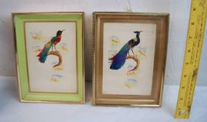 lot 2198 image: Lot of 2 Vintage Mexican Feather Art Pictures -Hand Painted Details in Background, Real Feathers, and Hand Carved Frames - ABSOLUTLEY STUNNING