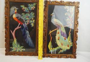 lot 2200 image: Lot of 2 Vintage Mexican Feather Art Pictures -Hand Painted Details in Background, Real Feathers, and Hand Carved Frames - ABSOLUTLEY STUNNING