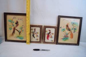 lot 2202 image: Lot of 4 Vintage Mexican Feather Art Pictures -Hand Painted Details in Background, Real Feathers, and Hand Carved Frames - ABSOLUTLEY STUNNING