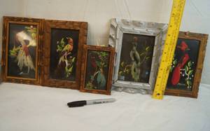 lot 2203 image: Lot of 5 Vintage Mexican Feather Art Pictures -Hand Painted Details in Background, Real Feathers, and Hand Carved Frames - ABSOLUTLEY STUNNING
