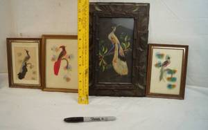 lot 2204 image: Lot of 4 Vintage Mexican Feather Art Pictures -Hand Painted Details in Background, Real Feathers, and Hand Carved Frames - ABSOLUTLEY STUNNING