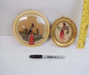lot 2205 image: Lot of 2 Vintage Mexican Feather Art Pictures -Hand Painted Details in Background, Real Feathers, and Hand Carved Frames - ABSOLUTLEY STUNNING