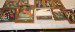 lot 2206 image: Lot of Slighty Damaged Mexican Feather Art Displays - Some Without Glass or Cracked Glass - Easy Fix for a Beautiful Collection