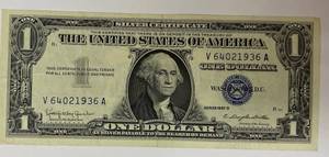 lot 1008 image: ONE DOLLAR SILVER CERTIFICATE - SERIES 1957 B - FINE - CRISP CONDITION