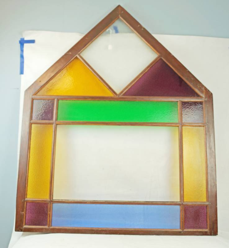 lot 8210 image: HUGE Wood Frame Church Colored Glass Window, Beautiful Colors  OVER 4 FOOT TALL 