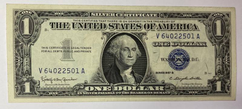 lot 1008 image: ONE DOLLAR SILVER CERTIFICATE - SERIES 1957 B - FINE - CRISP CONDITION