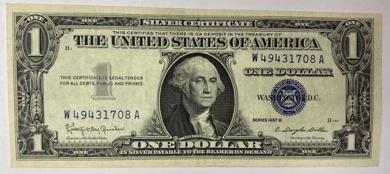 lot 1009 image: ONE DOLLAR SILVER CERTIFICATE - SERIES 1957 B - FINE - CRISP CONDITION