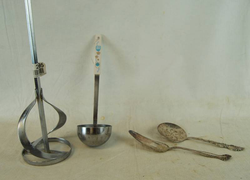 lot 4053 image: Paint Stirring Drill Bit, Vintage Cooking Ladle and Vintage Silver Plate Serving Set