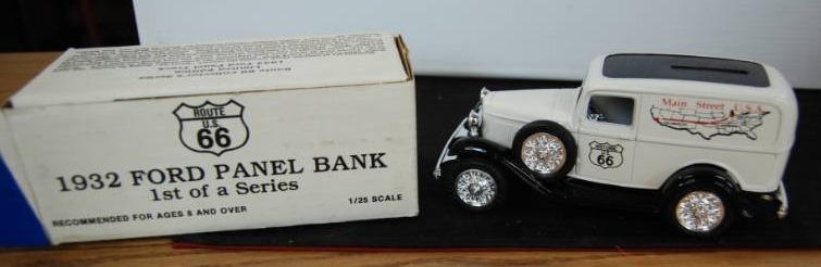 lot 4063 image: Die Cast Metal Car Bank -1932 ROUTE 66 Ford Panel Truck. Main Street USA - w Original Box