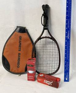 lot 4089 image: Racquet Ball Racquet and 2 Boxes of New Golf Balls one Nike