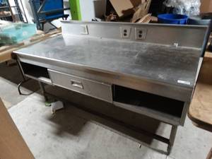 lot 2226 image: Awesome stainless steel table w back splash & electrical outlets w 1 drawer