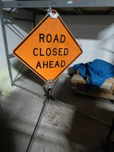 lot 2277 image: LARGE Road closed ahead construction sign w metal stand