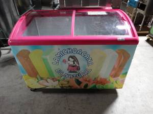 lot 2303 image: Commercial glass top ice cream freezer on wheels- Works good