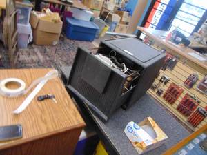 lot 3350 image: Plastic File Type box with Computer speakers and Miscellaneous