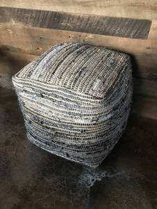 lot 2291 image: Jute square Pouf comfortable foot rest (blues, cream and gray colors)