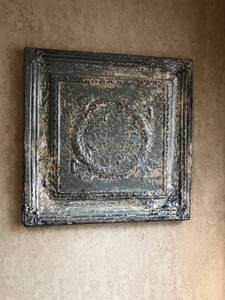 lot 2296 image: Painted Antique Ceiling Tile mounted on wood frame
