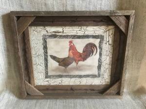 lot 2311 image: Barnwood and Barbwire Framed rustic Rooster and Hen Wall Decor