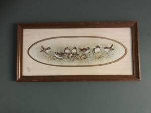lot 2344 image: Framed print of birds on a flowering branch by Margie Morrow 1983 (with glass)