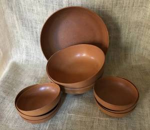 lot 2382 image: Set of Wood Salad Bowls (3 serving size bowls and 6 small bowls)