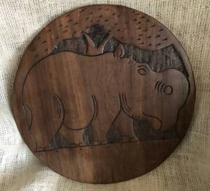 lot 2387 image: 2 Sided--Rhino Elephant Hand Carved Dark Teak Wood Round Sculpture Plate
